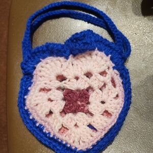 Handcrafted Blue and Pink Heart-Shaped Crochet Bag